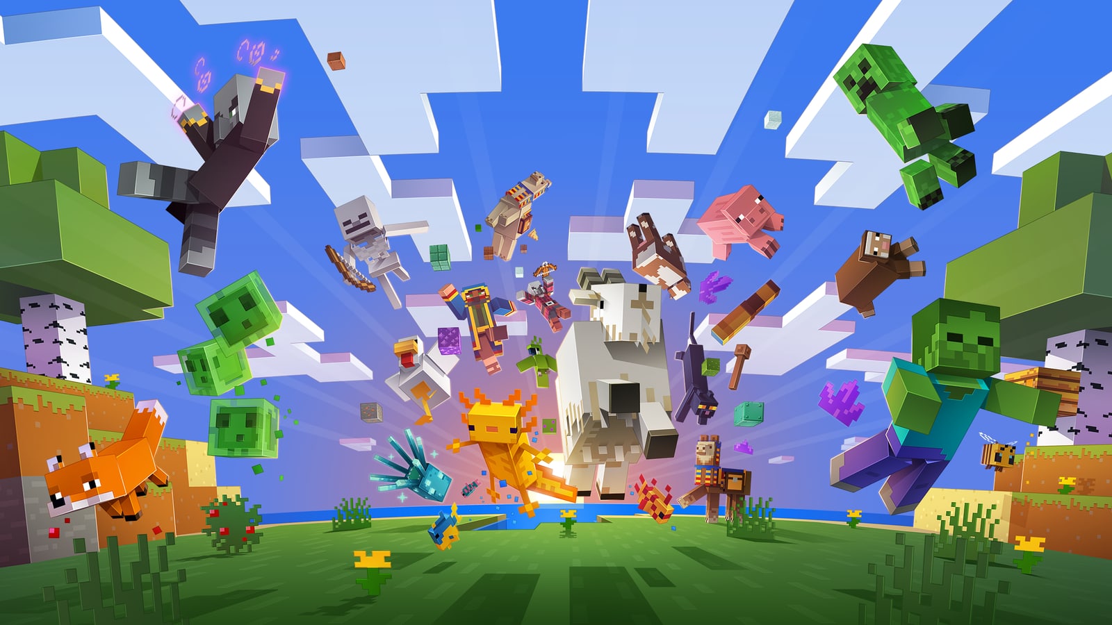 Minecraft key art showing mobs above a grass landscape