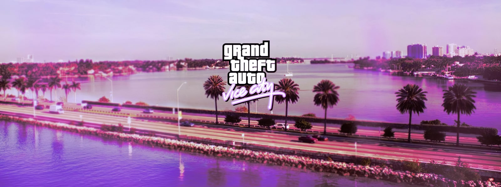 The Vice City causeway at dusk, palm trees lining the road between the islands